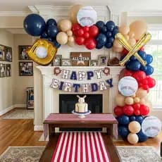 Decorações para Festa de Aniversário de Beisebol, Arco de Balões Azul Marinho, Vermelho e Nude com Balões de Taco e Luva