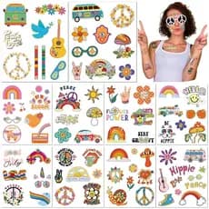 10 Folhas de Tatuagens Temporárias Hippie Anos 70, Impermeáveis, com Motivos de Amor, Paz, Flower Power, Carinha Sorride