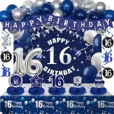 Decorações de Aniversário de 16 Anos em Azul e Prata para Meninos e Meninas, Decorações para Festa de 16 Anos com Faixa