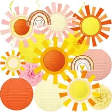 15 Peças de Decorações para Festa de Sol: Lanternas de Papel, Pompons e Espirais Penduradas - Decoração Suspensa com Tem