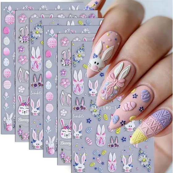 Adesivos de Arte para Unhas com Coelhinho de Páscoa, 6 Folhas, Decalques 5D em Relevo de Ovos de Coelho, Adesivos Autoad