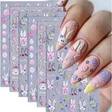Adesivos de Arte para Unhas com Coelhinho de Páscoa, 6 Folhas, Decalques 5D em Relevo de Ovos de Coelho, Adesivos Autoad
