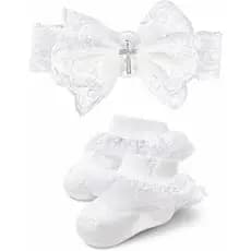 Conjunto de Meias e Faixa de Cabelo para Batismo de Menina, Acessórios de Batismo em Algodão Branco com Cruz Bordada e L