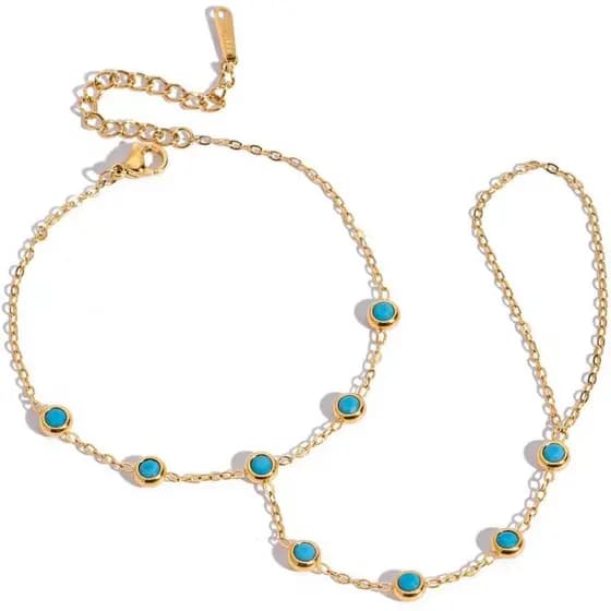 Pulseira de Mão com Anel em Azul Turquesa Boêmio para Mulheres, Aço Inoxidável Banhado a Ouro 18k, Elegante, com Pedra N