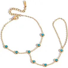 Pulseira de Mão com Anel em Azul Turquesa Boêmio para Mulheres, Aço Inoxidável Banhado a Ouro 18k, Elegante, com Pedra N