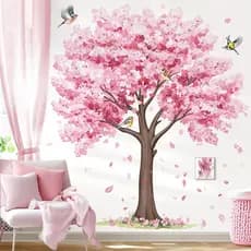 decalmile Large Cherry Blossom Tree Wall Decals Pink Flower Tree Birds Wall Stickers Girls Bedroom Living Room Sofa TV B
