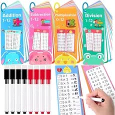 60 Cartões de Flash para Adição, Subtração, Multiplicação e Divisão, Cartões de Flash de Matemática com 8 Canetas Apagáv