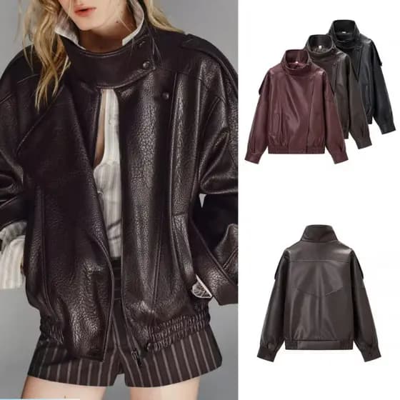 65SB Nova jaqueta de couro feminina de moda europeia e americana para outono e inverno, de mangas compridas e versátil.