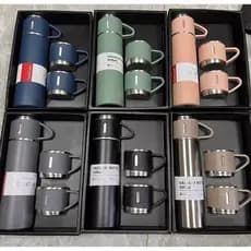 Garrafa Térmica Inox 500ml + 3 Xícaras | Vacuum Flask Portátil Café Chá Viagem Esporte Camping