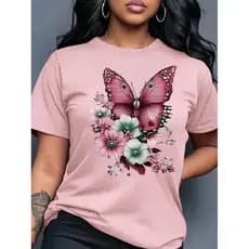 T Shirt Feminina Algodão 100% Estilosa Borboletas Flores