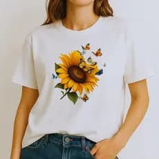 Camiseta Feminina Girassol Borboleta Tecido Leve Algodão Tsh