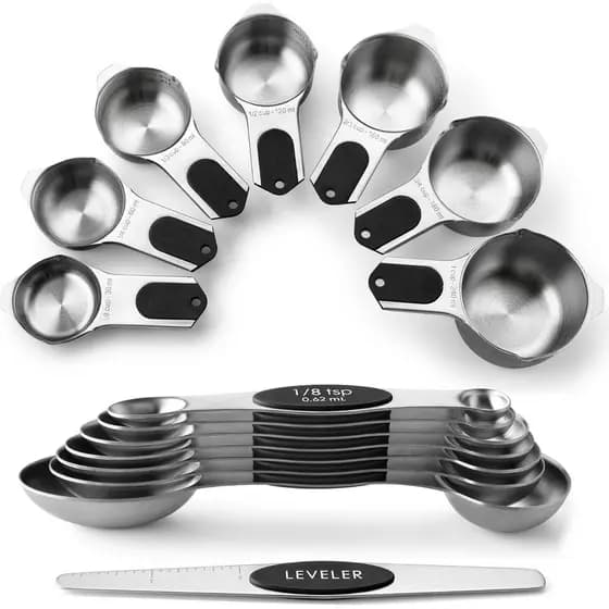 Conjunto de Copos e Colheres Medidoras Magnéticas Spring Chef, Patenteado, Ímãs N45 Fortes, Aço Inoxidável Resistente, S