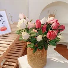 Decoração de casamento para sala de estar com arranjo de rosas artificiais de seda em pintura a óleo, 9 flores artificia