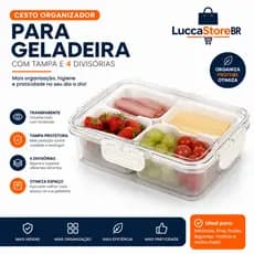 Cesto Organizador para Geladeira com Tampa e 4 Divisórias Transparente Caixa Organizadora de Alimentos 23,5x16,5cm