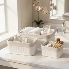 Kit 3 Cestos Organizadores Bambu Branco Sustentavel Decoracao Casa Escritório