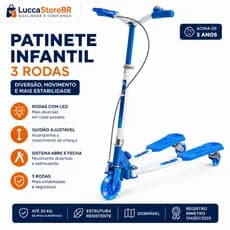 Patinete Infantil 3 Rodas Azul com LED Guidão Ajustável Sistema Abre e Fecha Dobrável até 30kg