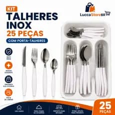 Kit Talheres Inox 25 Peças Branco com Porta Talheres Organizador para Mesa e Cozinha