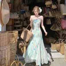 ❤️Sanya Cool Sling Dress Feminino Seaside Férias Estilo Saia Longa Halter Neck Babados Mint Green Sling Dress
