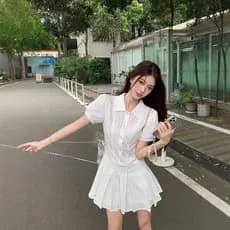 ❤️Camisa de manga bufante estilo Preppy verão temperamento vestido de saia de cintura estreita