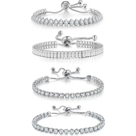 Conjunto de 4 Pulseiras de Tênis Prateadas para Mulheres - Pulseiras de Zircônia Cúbica para Baile de Formatura - Conjun