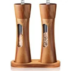 Conjunto de 2 Moedores de Sal e Pimenta de Madeira, 8 Polegadas, Moedores Manuais de Sal e Pimenta com Base de Madeira,