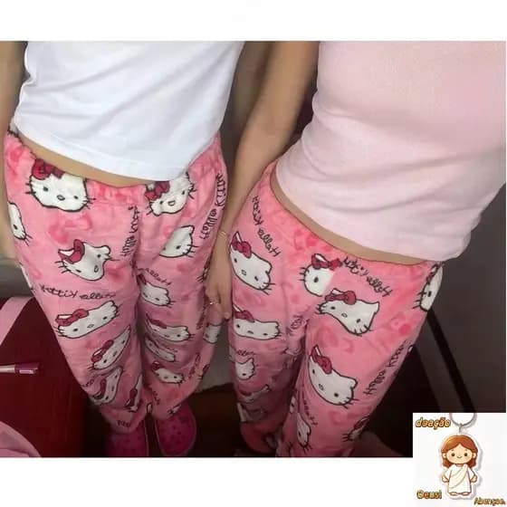 Pijamas de Flanela Kawaii Sanrio Hello Kitty Anime Mulheres Calças Longas de Lã Quente Cartoon Loungewear Casual