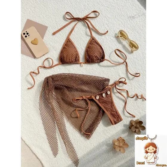 Novo biquíni feminino vestido de gaze de três peças bikini maiô