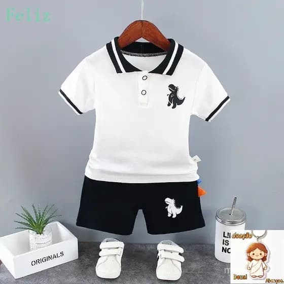 Meninos Dinossauro Verão Manga Curta Camisa POLO Shorts Two Piece Suit Baby Clothes Day Gift para Crianças 2024 2471
