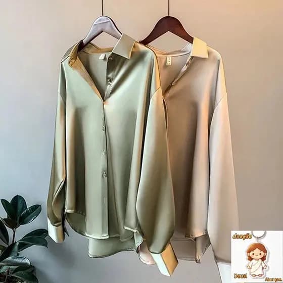 blusa social feminina plus size cetim 100% algodao Camisa Feminina De Seda Com Mangas Compridas/Retrô/Plus Size/Primaver