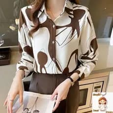 Manga comprida camisa chiffon, impresso top coreano Office para as mulheres