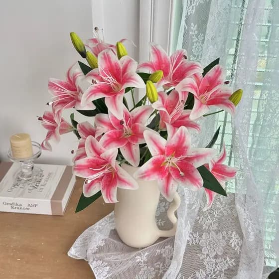 Lírios de seda para decoração de interiores, ornamentos para sala de estar, arranjos de flores artificiais, adereços par