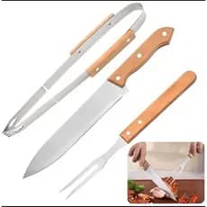 Kit Churrasco 3 Peças Inox com Cabo de Madeira – Faca, Garfo Trinchante e Pegador para Carne