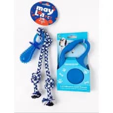 Kit para Cachorro com Guia Retrátil 3m e Brinquedo Mordedor de Corda com Chupeta de Borracha Azul