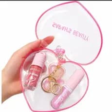 Mini Kit de Maquiagem Coração com Gloss, Batom e Chaveiro de Pérolas – Presente Delicado
