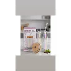 Copo de Vidro 450ml com Tampa Bambu e Canudo Drinks de vidro