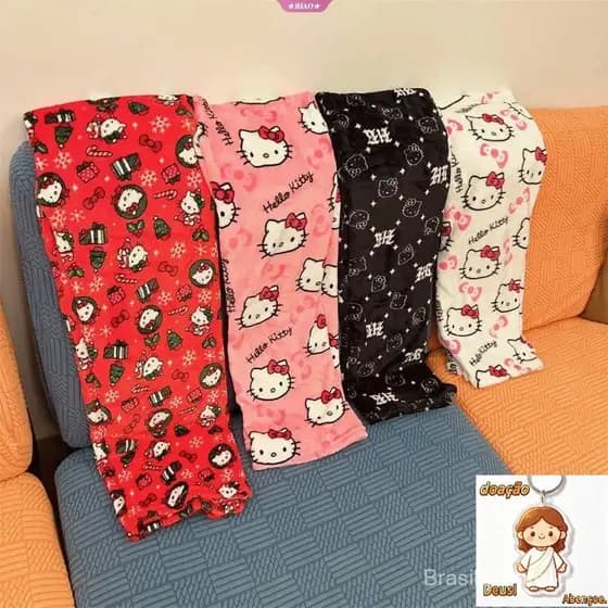 Novo Sanrio Hello Kitty Pijamas Flanela Moda Calças Femininas Kawaii Lã Anime Dos Desenhos Animados Casual Casa