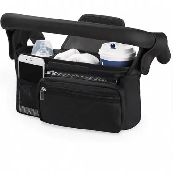 Organizador Universal para Carrinho de Bebê com Porta-Copos Isolado, Bolsa para Telefone Removível e Alça de Transporte,