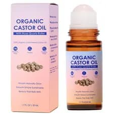 Óleo de Rícino Orgânico Dourado em frasco roll-on, equipado com esfera de quartzo rosa, óleo de rícino orgânico puro pre