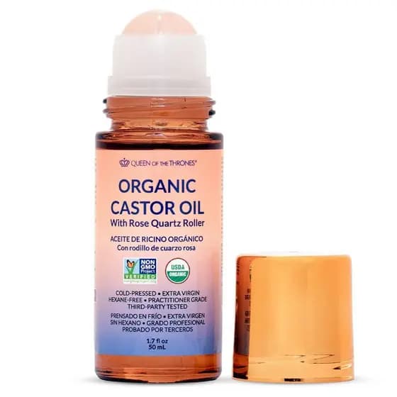 Rainha dos Tronos ® Óleo de Rícino Orgânico Golden Castor Oil Roll-On com Quartzo Rosa | 100% Puro para Sobrancelhas e C