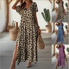 Vestido de verão Casual solto vestido longo estampado com decote em V vestido de manga curta