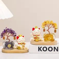 Ornamento de Mesa de Alta Qualidade em Citrino em Forma de Árvore da Fortuna, Decoração de Estação de Trabalho com Gato