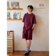 Yue pijamas internos masculinos verão puro algodão Shorts de manga curta Loungewear masculino Casual em torno do pescoço
