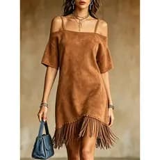 Vestido Midi Vintage de Verão XHK5 2026, Estilo Ocidental com Franjas, Ombros Descobertos, Manga Curta Solta, Roupa de F