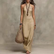 Vestido de Verão 1QKI 2026 com Decote Halter, Sem Mangas e Design Ajustado, Estilo Pura Sedução para Encontros e Moda Ur