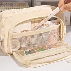Estojo de lápis de grande capacidade, multicamadas, de cor sólida, bolsa de papelaria, estojo portátil, bolsa de maquiag