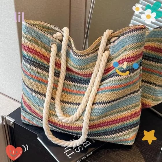 Sacola LIL , Bolsa De Palha Listrada De Grande Capacidade Casual Tecida Arco-Íris Portátil Férias À Beira-Mar