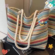 Sacola LIL , Bolsa De Palha Listrada De Grande Capacidade Casual Tecida Arco-Íris Portátil Férias À Beira-Mar