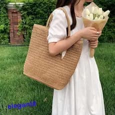Bolsa Hobo De Palha Elegante , De Ombro E Macia Para Mulheres , Sacola De Malha De Crochê De Cor Sólida