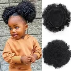 Perucas infantis africanas, pequenos coques, estilo com cordão, pretas, modelo feminino, fibra de alta temperatura, cabe