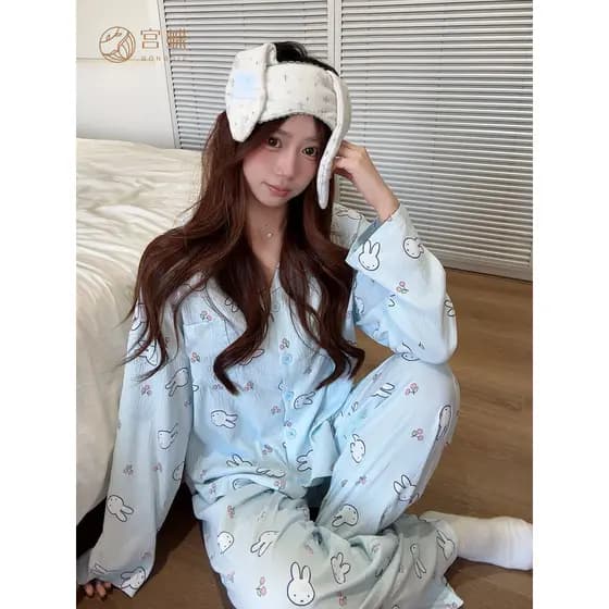 Gongdie [leve macio] Miffy primavera outono pijamas feminino manga longa bonito impressão completa dos desenhos animados